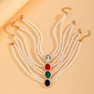 Ensemble élégant de bijoux de tête avec perles multicouches et pierres précieuses dorées