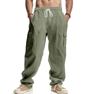 Men's olive green cargo pants with drawstring waist and breathable loose fit design