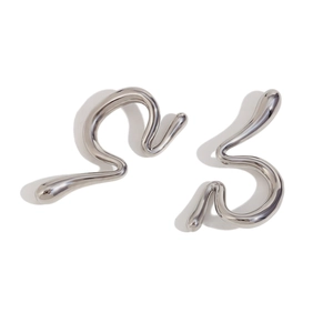 Minimalist liquid metal irregular curved silver earrings in high polished stainless steel