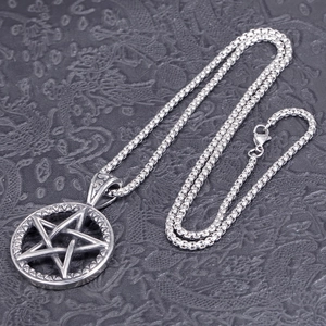 Vintage stainless steel pentagram pendant necklace with silver box chain for men
