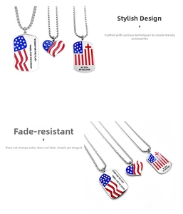 Detail of USA flag themed heart and military dog tag pendants with enamel cross