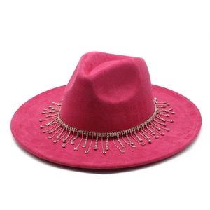Wide Brim Fedora Hat With Rhinestone Tassel Fringe Suede Felt Vintage Party Bridal Jazz Hat For Women Elegant