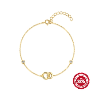 Luxury 925 Sterling Silver Interlocking Double Ring Luck Bracelet For Women Gold Plated Zirconia Inlaid Lucky Jewelry Gift