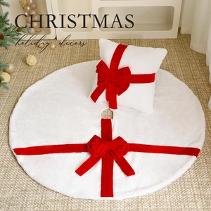 White faux fur 120cm Christmas tree skirt and matching pillow with red velvet bows