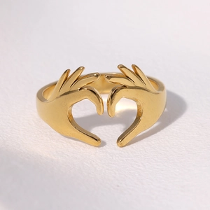 Minimalist 18k gold plated stainless steel heart hands gesture open adjustable ring