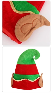 Detail of red and green Christmas elf hat with brown felt ears and gold wavy trim edge