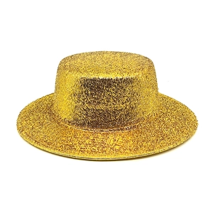 Detailed view of the flat top hat featuring sparkling gold sequins for party and stage
