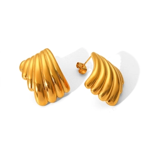 Detail view of golden shell textured earrings with vertical stripe texture and measurements