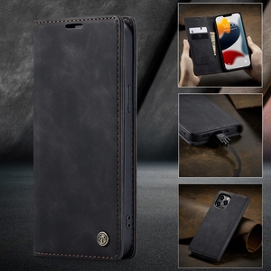 Detail of premium black leather flip phone case with card slots and metal logo badge