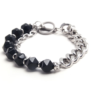Stainless steel bracelet with black faceted agate beads, tiger eye stones, and OT clasp design