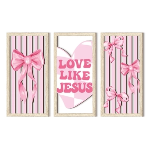 Three-piece pink bow wall art set with Love Like Jesus quote and wooden frames