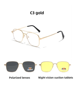 Square polarized magnetic clip-on sunglasses set with gold frame and night vision lenses