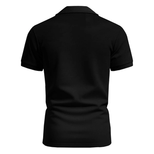 Back view of a black pique cotton polo shirt featuring premium knitted texture details