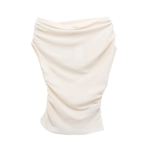 Slim fit cream off-shoulder top with elegant pleated texture and asymmetrical design