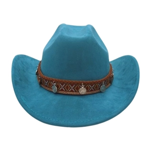 Detail of turquoise felt cowboy hat featuring ethnic braided band and silver coin pendants