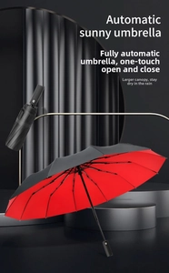 Macro detail of automatic business umbrella handle with one-click button and black-red canopy