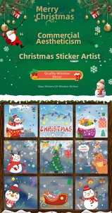 Detail view of UV-printed Christmas window stickers featuring Santa Claus and Snowman designs