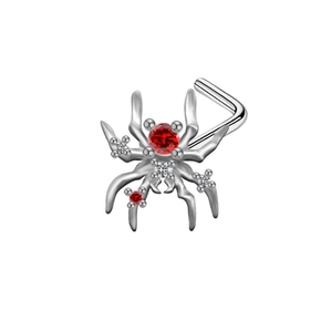 L-shaped spider nose stud in silver with red and white zircons on white background