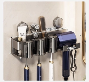 Detail view of gunmetal grey suction toothbrush holder with dimensions and hairdryer rack