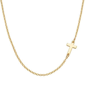Detailed view of a gold-plated stainless steel layered necklace with a horizontal cross charm