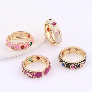 Retro Bohemian copper open rings with colorful enamel drip and sparkling cubic zirconia