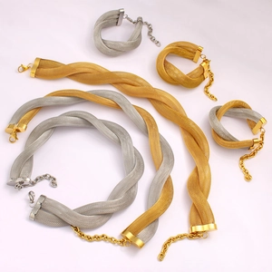 Mesh woven stainless steel necklace and bracelet set in gold and silver finish