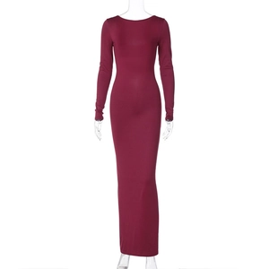 Detail of wine red slim fit long sleeve bodycon maxi dress back view on white background