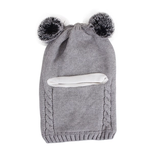 Winter knitted baby balaclava hat with dual pom poms in grey and white lining