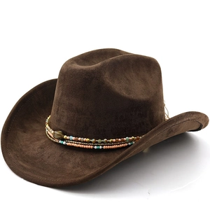 Western Cowboy Hat Faux Suede Ethnic Beaded Band Wide Brim Retro Outdoor Travel Felt Fedora