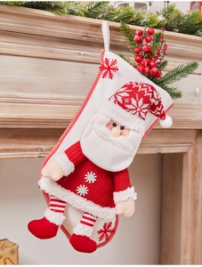 Detailed view of 3D knitted Santa Claus doll on white Christmas stocking decoration