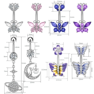 Detailed dimensions of cubic zirconia belly rings in butterfly and moon cat designs