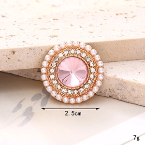 Pink gemstone charm with white pearls and rhinestones on gold metal, 2.5cm size