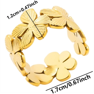 Detailed view of adjustable golden flower ring with 1.2cm floral charms and sizing info