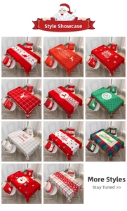 Detail showing various Christmas tablecloth patterns with reindeer and snowflake prints