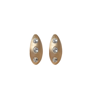 Golden matte oval stud earrings with three sparkling clear vertical gemstones for women