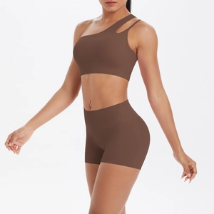 Brown one-shoulder nylon yoga set with high waist shorts for fitness and running