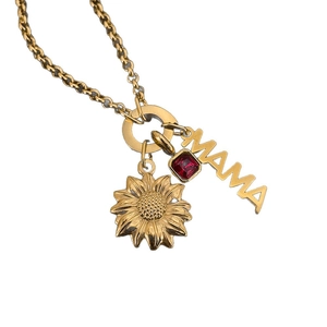 Exquis collier en acier titane doré avec breloque MAMA, tournesol et cristal rouge