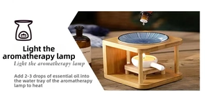 Bamboo and ceramic aromatherapy oil burner with a wood U-frame and candle holder detail