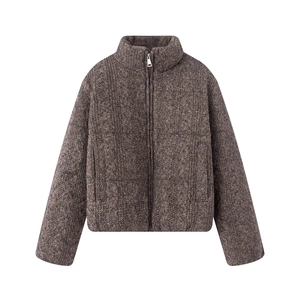 Women brown chunky cable knit puffer jacket with standing collar and zipper closure
