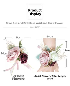 Wedding boutonniere and wrist corsage set in burgundy with dimensions and ribbon details