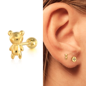 S925 Sterling Silver Teddy Bear Ear Studs with Screw Back for Cartilage Piercing in Gold