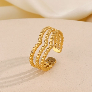 Three-layer 18K gold plated V-shaped stainless steel ring with beaded texture surface