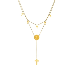Double-layered golden stainless steel necklace with cross charms and Saint Benedict medal