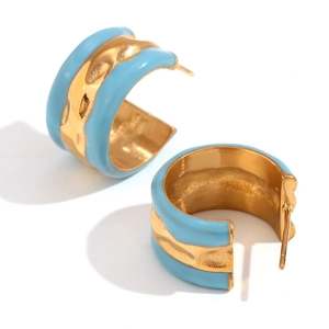 Light blue enamel and 18K gold plated stainless steel hoop earrings with water ripple texture