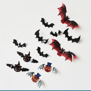 3D Halloween wall stickers featuring black bats and orange pumpkins for party decor