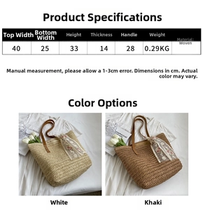 Detailed dimensions of a large woven tote bag with floral lace scarf decorations