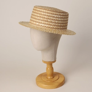 Chapeau canotier en paille à large bord avec rayures beiges pour protection solaire