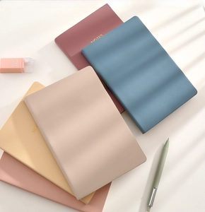 Flat lay of colorful A6 mini notebooks with gold foil NOTES text and soft natural shadows