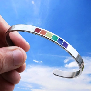 Polished stainless steel C-shaped cuff bracelet featuring colorful rainbow square stones