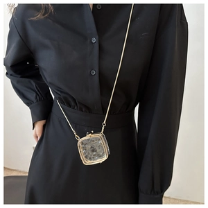 Close-up of clear acrylic mini box bag with gold metal frame and chain strap on model